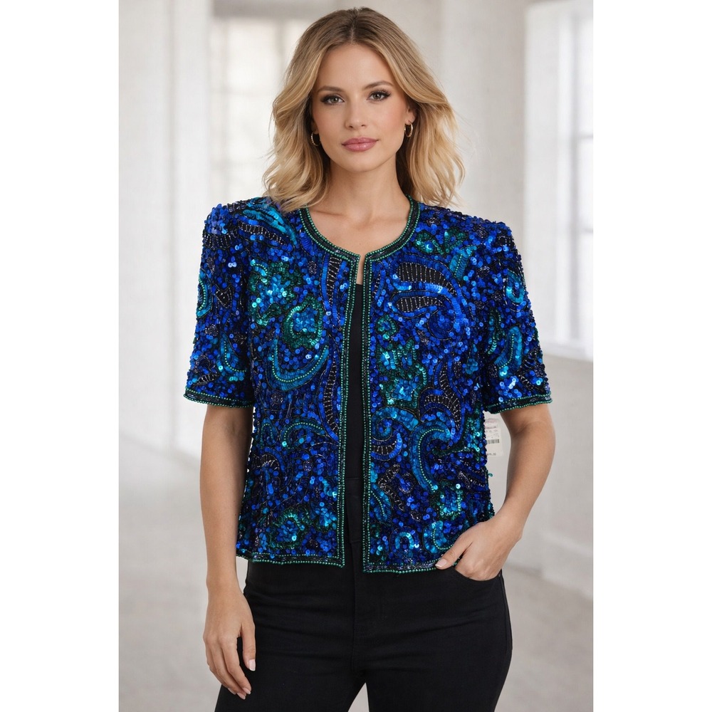 Laurence Kazar Silk Sequin Beaded‎ Top Jacket Paisley NWD Vintage XL Evening